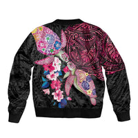 Hawaiian Couple Turtles Honi Bomber Jacket Polynesian Art Motifs and Hibiscus Black Red Color - Polynesian Pride