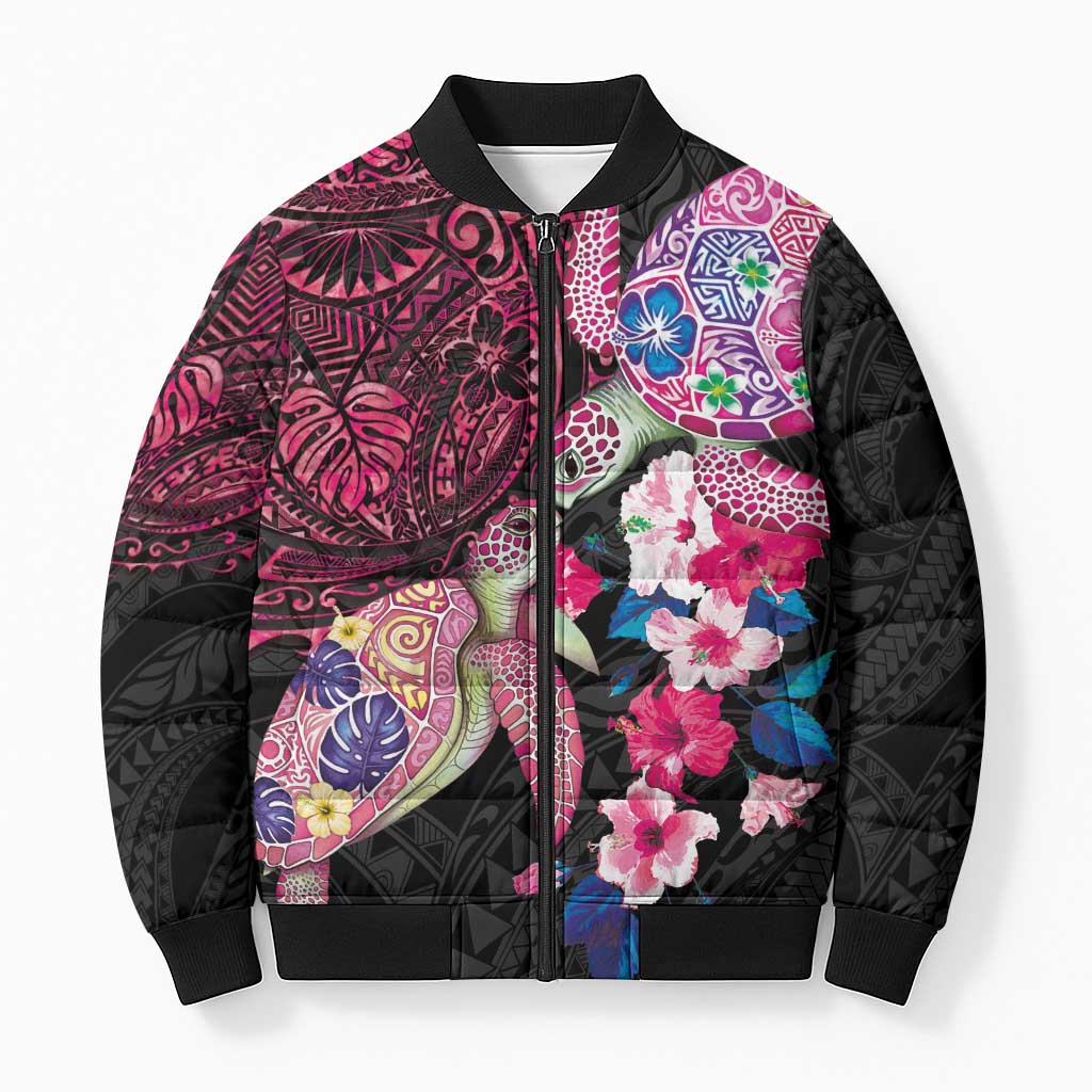 Hawaiian Couple Turtles Honi Bomber Puffer Jacket Polynesian Art Motifs and Hibiscus Black Red Color LT03 Unisex Black - Polynesian Pride