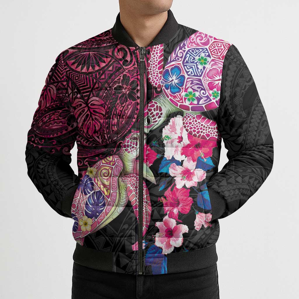 Hawaiian Couple Turtles Honi Bomber Puffer Jacket Polynesian Art Motifs and Hibiscus Black Red Color - Polynesian Pride