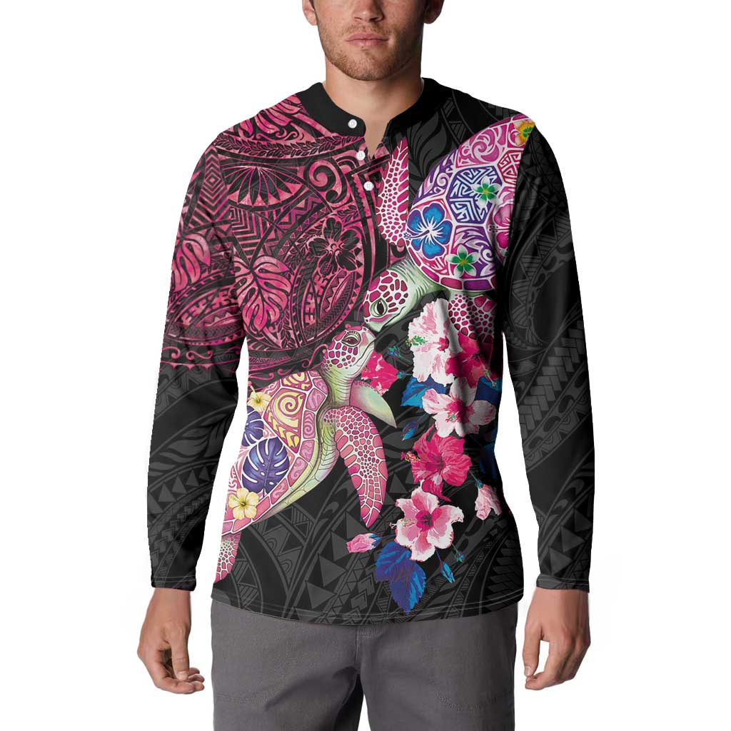 Hawaiian Couple Turtles Honi Button Sweatshirt Polynesian Art Motifs and Hibiscus Black Red Color - Polynesian Pride