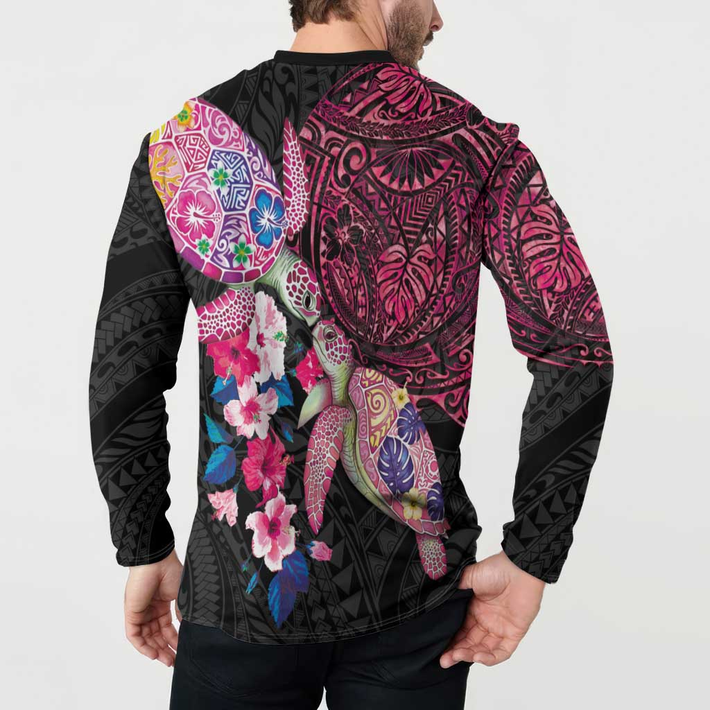 Hawaiian Couple Turtles Honi Button Sweatshirt Polynesian Art Motifs and Hibiscus Black Red Color - Polynesian Pride