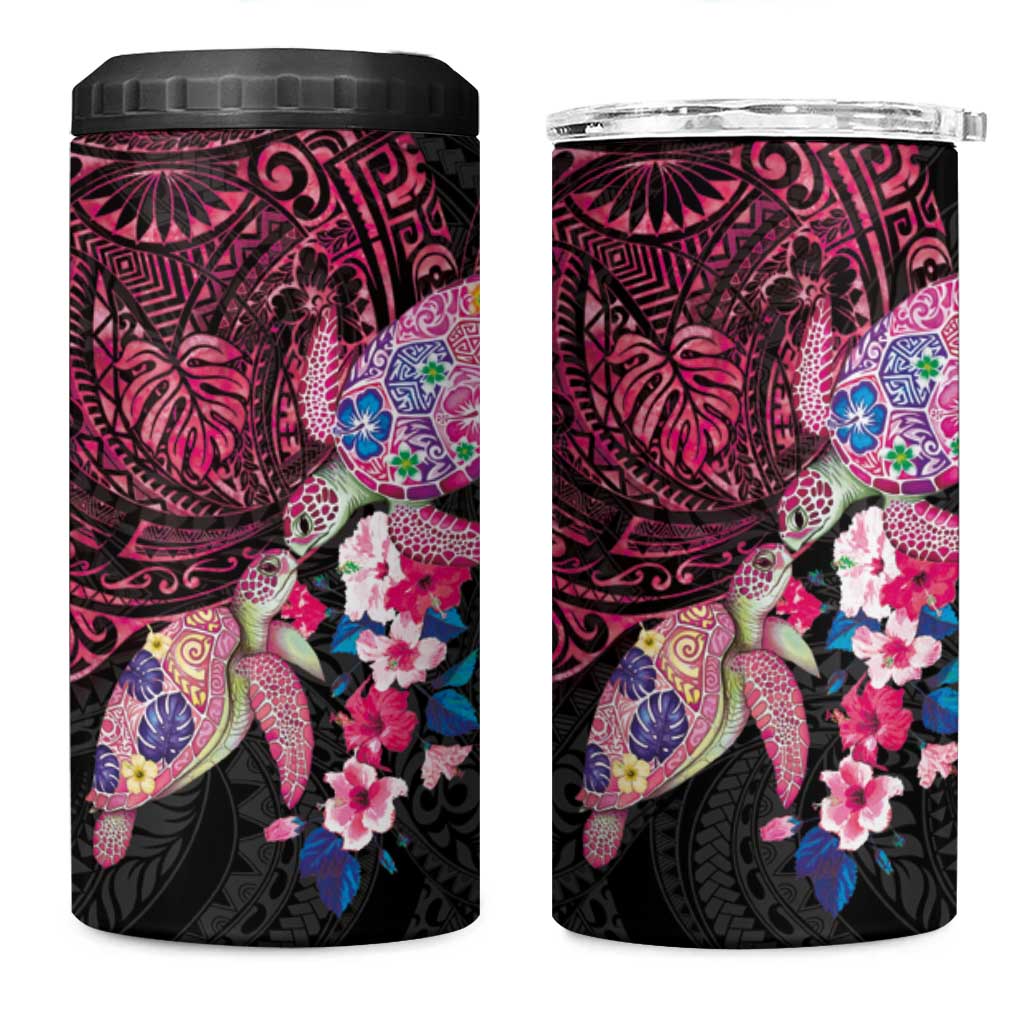 Hawaiian Couple Turtles Honi 4 in 1 Can Cooler Tumbler Polynesian Art Motifs and Hibiscus Black Red Color - Polynesian Pride