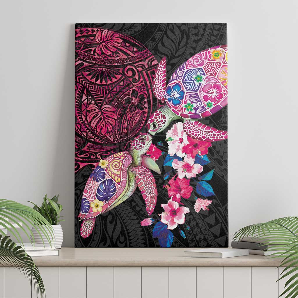 Hawaiian Couple Turtles Honi Canvas Wall Art Polynesian Art Motifs and Hibiscus Black Red Color - Polynesian Pride