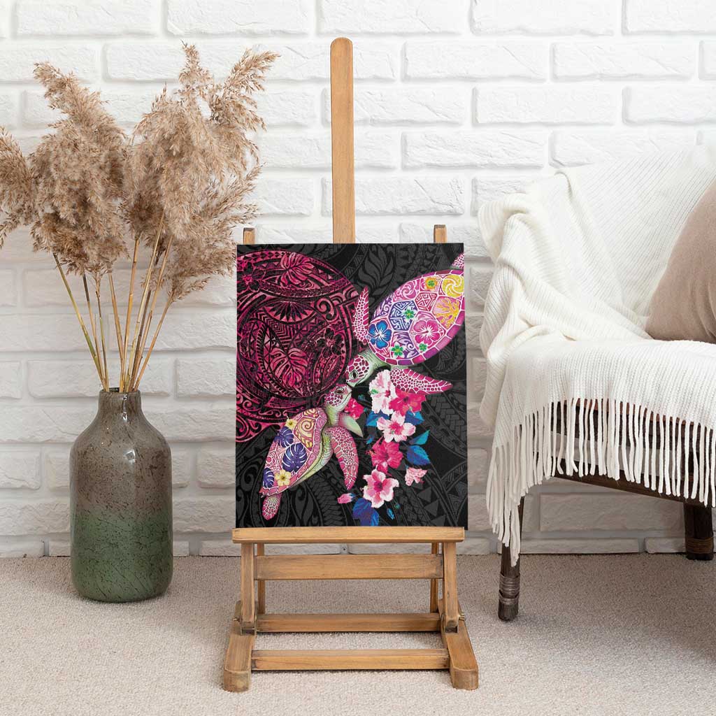 Hawaiian Couple Turtles Honi Canvas Wall Art Polynesian Art Motifs and Hibiscus Black Red Color - Polynesian Pride