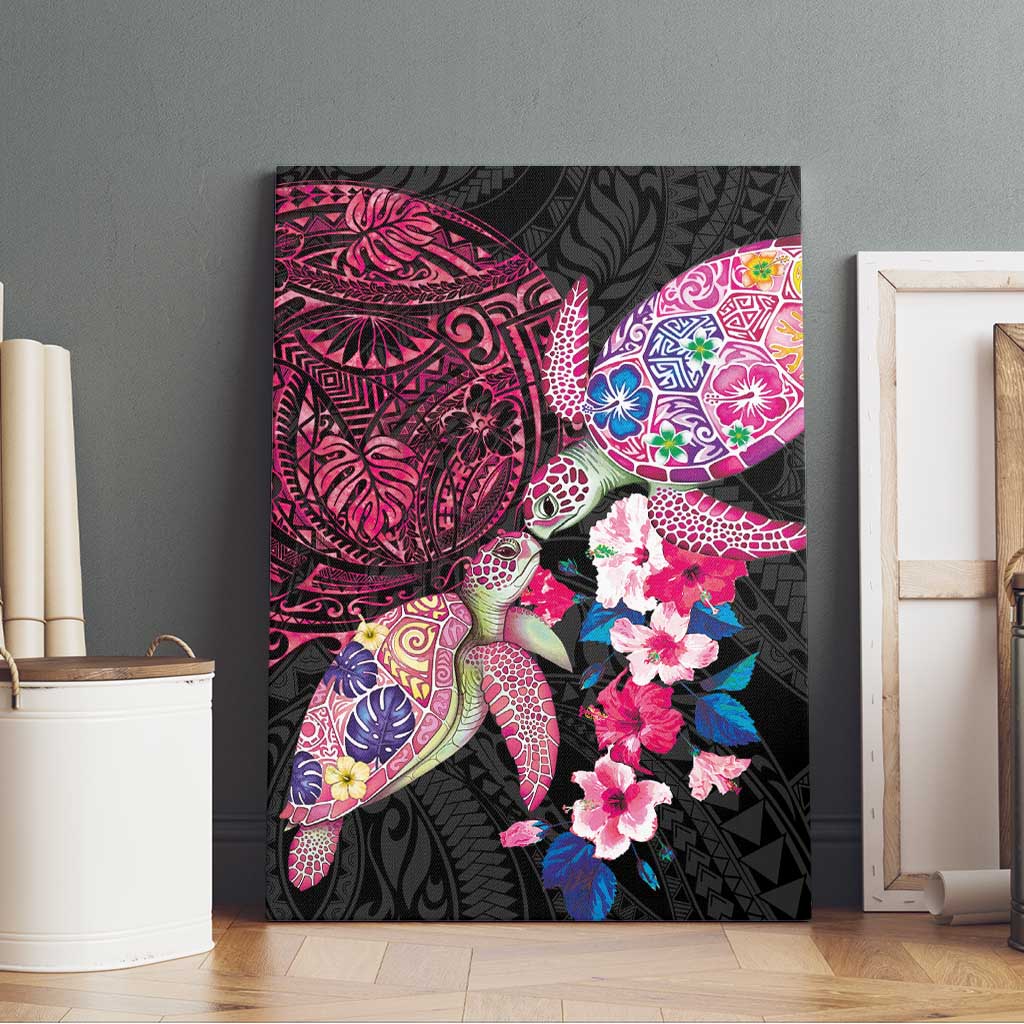 Hawaiian Couple Turtles Honi Canvas Wall Art Polynesian Art Motifs and Hibiscus Black Red Color - Polynesian Pride