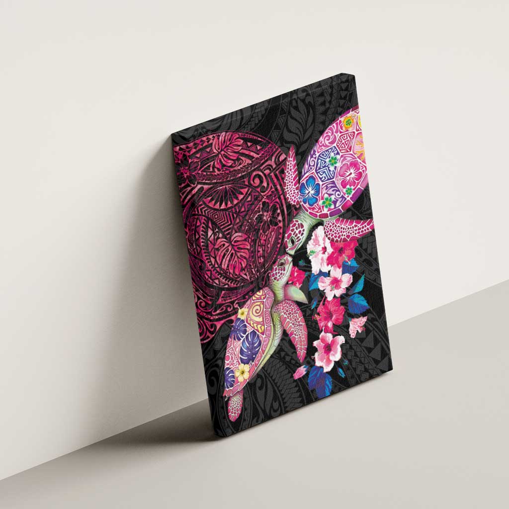 Hawaiian Couple Turtles Honi Canvas Wall Art Polynesian Art Motifs and Hibiscus Black Red Color - Polynesian Pride