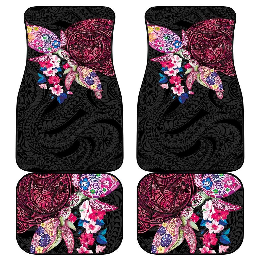 Hawaiian Couple Turtles Honi Car Mats Polynesian Art Motifs and Hibiscus Black Red Color - Polynesian Pride