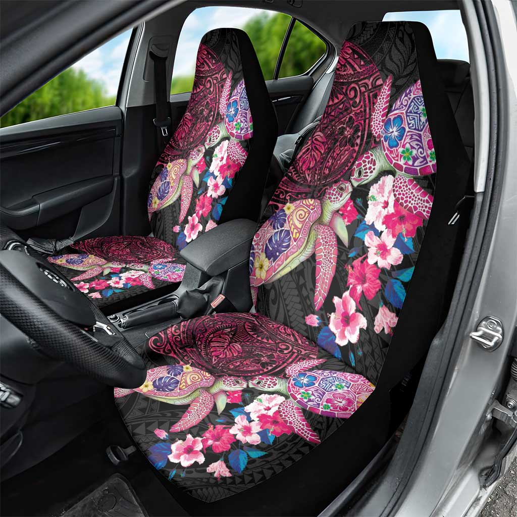 Hawaiian Couple Turtles Honi Car Seat Cover Polynesian Art Motifs and Hibiscus Black Red Color - Polynesian Pride