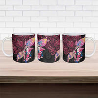 Hawaiian Couple Turtles Honi Ceramic Mug Polynesian Art Motifs and Hibiscus Black Red Color - Polynesian Pride