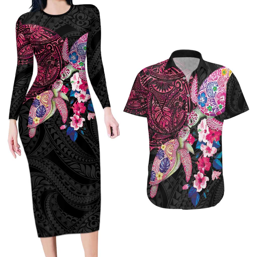 Hawaiian Couple Turtles Honi Couples Matching Long Sleeve Bodycon Dress and Hawaiian Shirt Polynesian Art Motifs and Hibiscus Black Red Color - Polynesian Pride