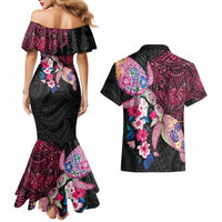 Hawaiian Couple Turtles Honi Couples Matching Mermaid Dress and Hawaiian Shirt Polynesian Art Motifs and Hibiscus Black Red Color - Polynesian Pride