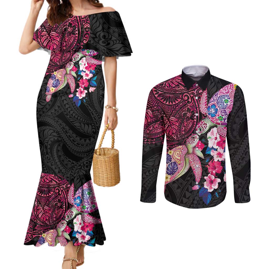 Hawaiian Couple Turtles Honi Couples Matching Mermaid Dress and Long Sleeve Button Shirt Polynesian Art Motifs and Hibiscus Black Red Color - Polynesian Pride