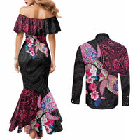 Hawaiian Couple Turtles Honi Couples Matching Mermaid Dress and Long Sleeve Button Shirt Polynesian Art Motifs and Hibiscus Black Red Color - Polynesian Pride