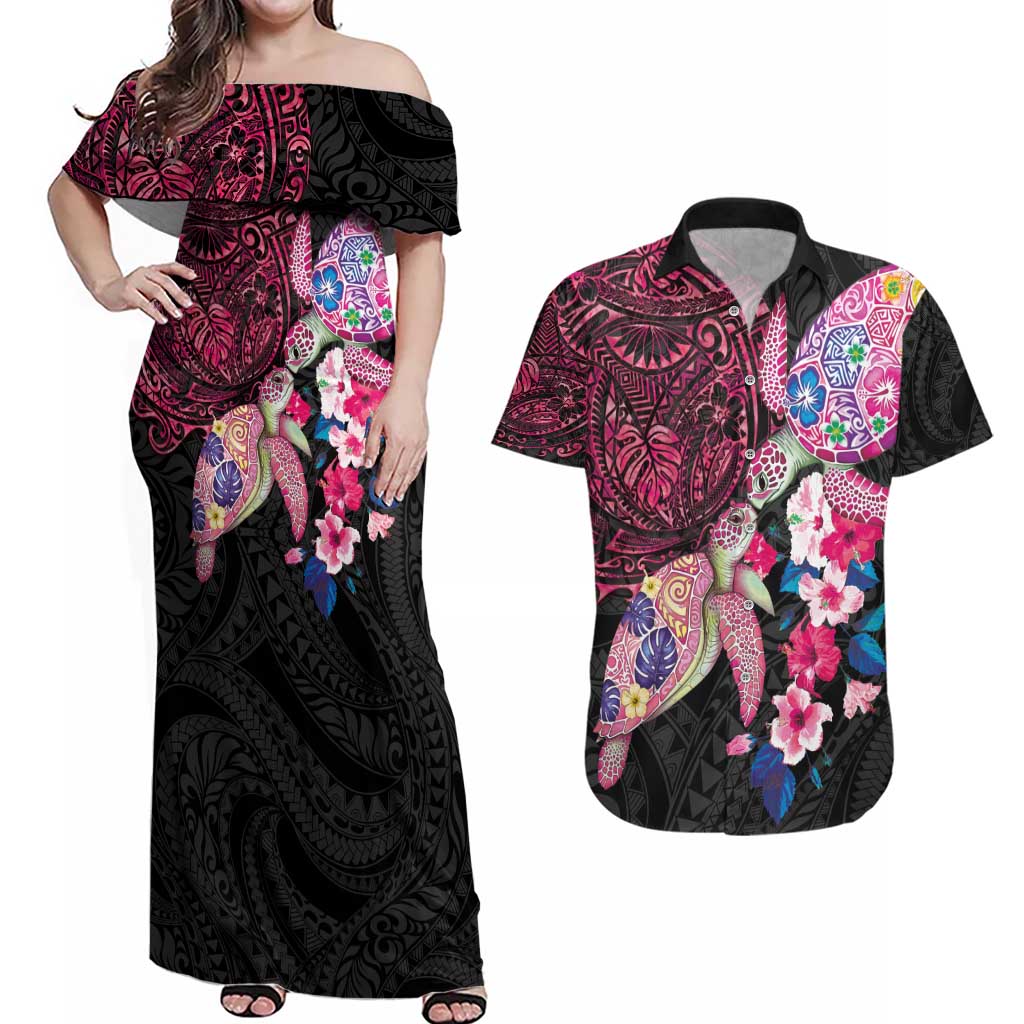 Hawaiian Couple Turtles Honi Couples Matching Off Shoulder Maxi Dress and Hawaiian Shirt Polynesian Art Motifs and Hibiscus Black Red Color - Polynesian Pride