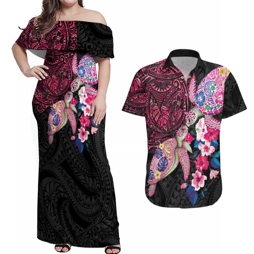 Hawaiian Couple Turtles Honi Couples Matching Off Shoulder Maxi Dress and Hawaiian Shirt Polynesian Art Motifs and Hibiscus Black Red Color LT03 Black - Polynesian Pride