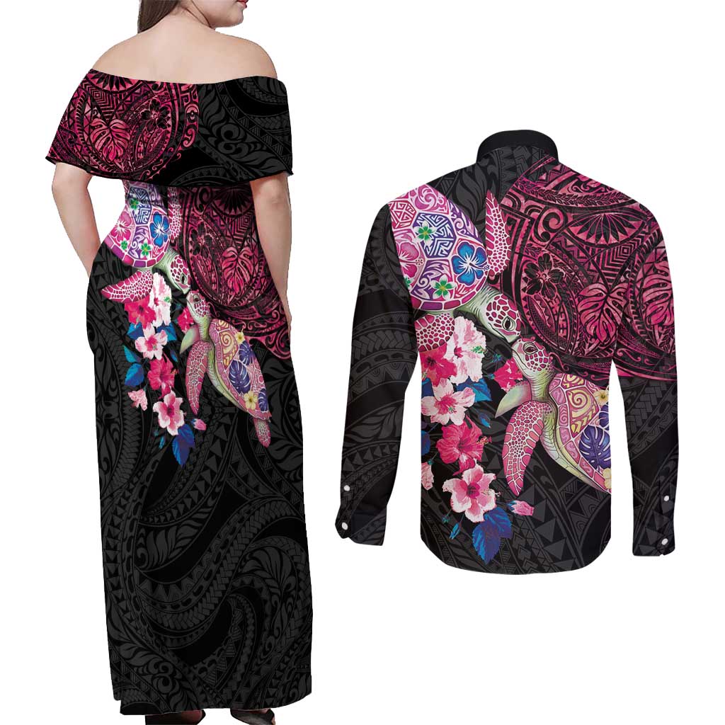 Hawaiian Couple Turtles Honi Couples Matching Off Shoulder Maxi Dress and Long Sleeve Button Shirt Polynesian Art Motifs and Hibiscus Black Red Color - Polynesian Pride