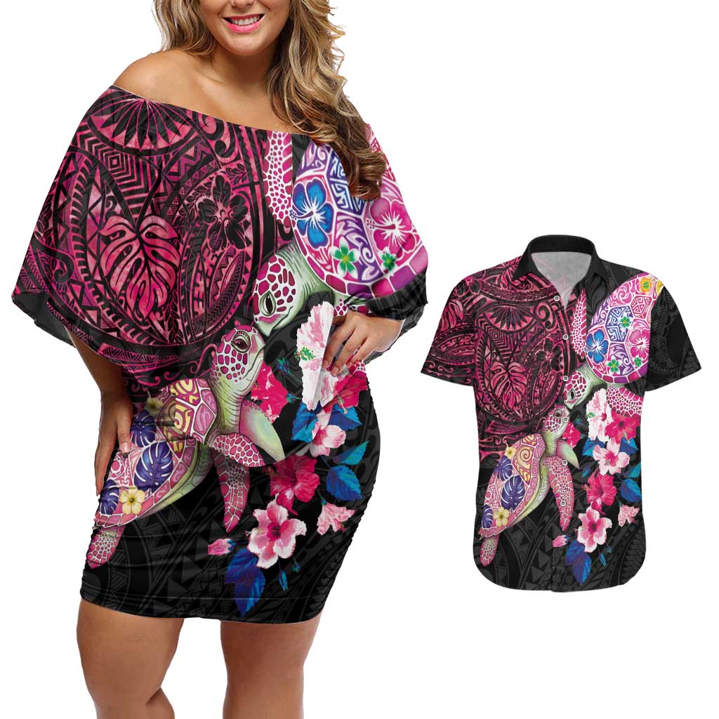 Hawaiian Couple Turtles Honi Couples Matching Off Shoulder Short Dress and Hawaiian Shirt Polynesian Art Motifs and Hibiscus Black Red Color LT03 Black - Polynesian Pride