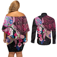 Hawaiian Couple Turtles Honi Couples Matching Off Shoulder Short Dress and Long Sleeve Button Shirt Polynesian Art Motifs and Hibiscus Black Red Color - Polynesian Pride