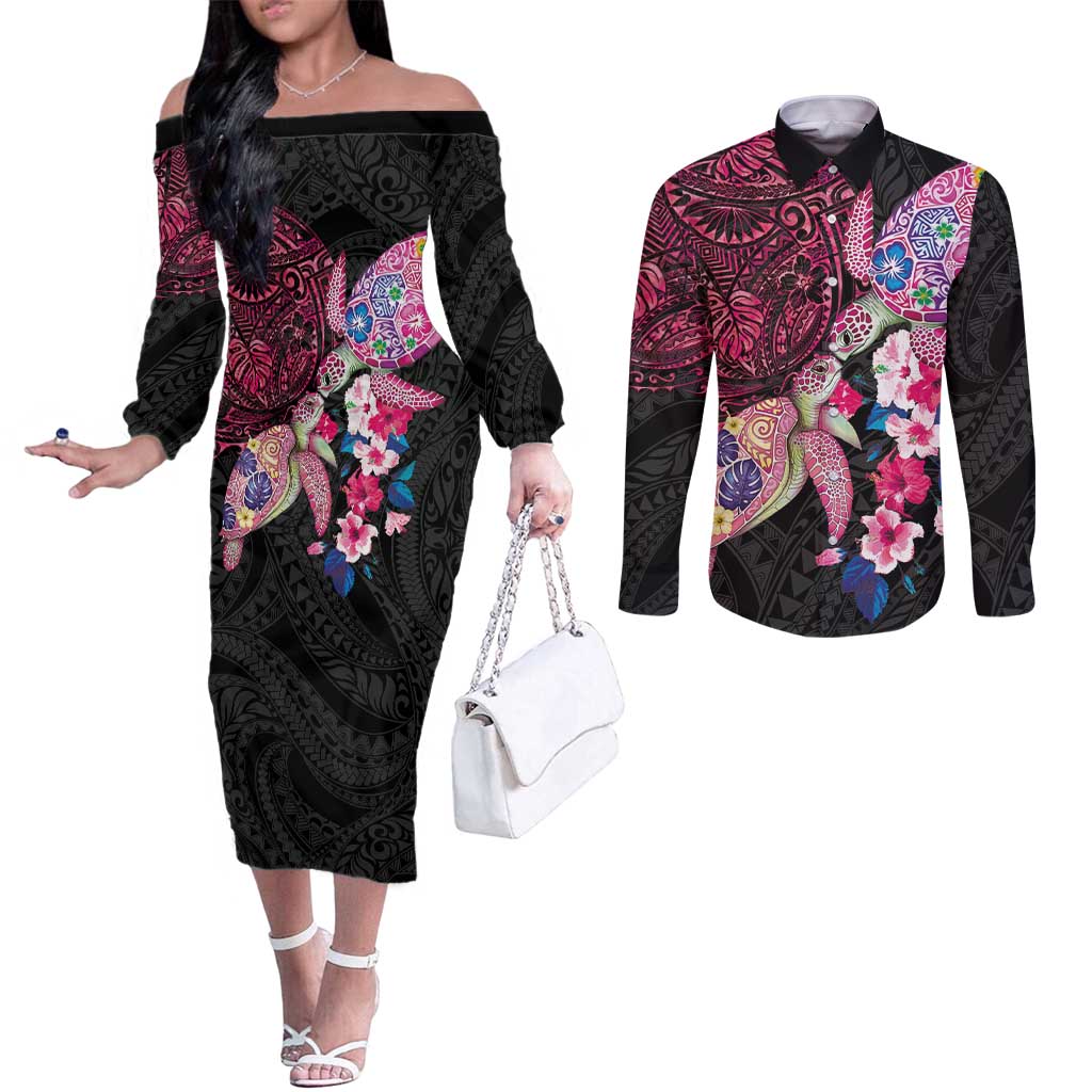Hawaiian Couple Turtles Honi Couples Matching Off The Shoulder Long Sleeve Dress and Long Sleeve Button Shirt Polynesian Art Motifs and Hibiscus Black Red Color - Polynesian Pride