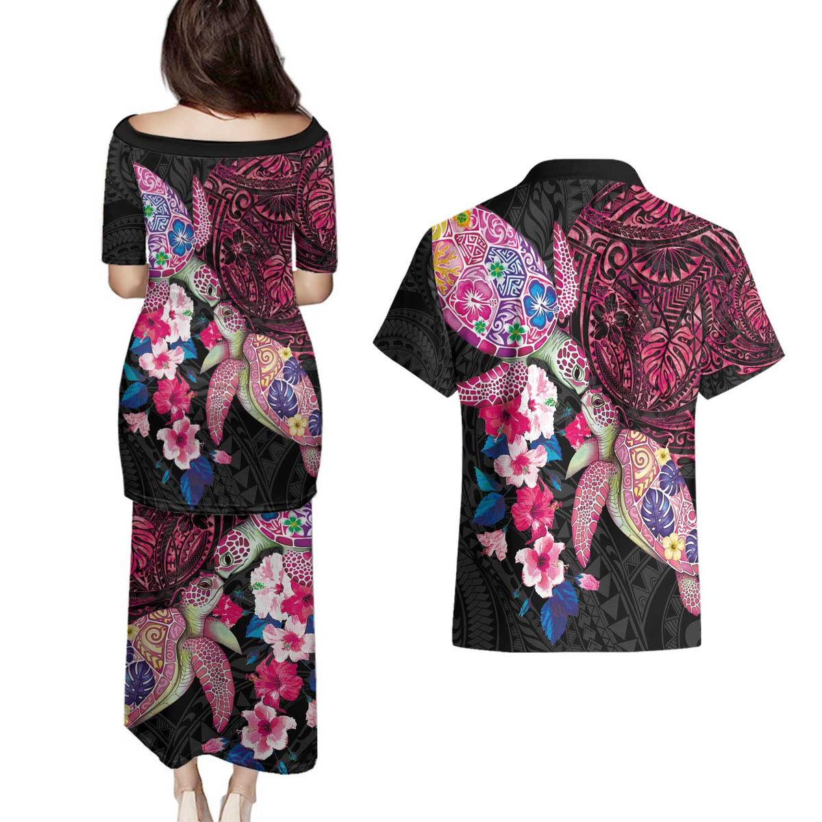 Hawaiian Couple Turtles Honi Couples Matching Puletasi and Hawaiian Shirt Polynesian Art Motifs and Hibiscus Black Red Color - Polynesian Pride