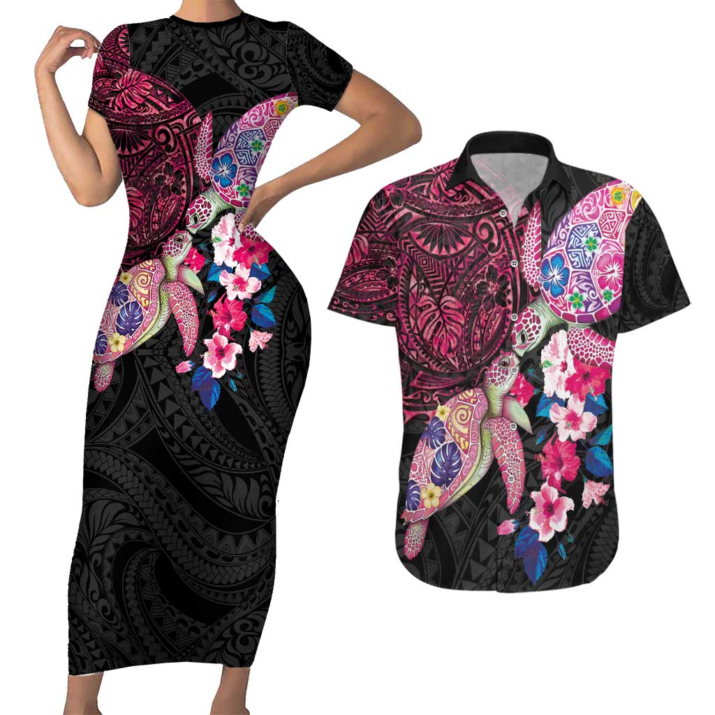 Hawaiian Couple Turtles Honi Couples Matching Short Sleeve Bodycon Dress and Hawaiian Shirt Polynesian Art Motifs and Hibiscus Black Red Color - Polynesian Pride
