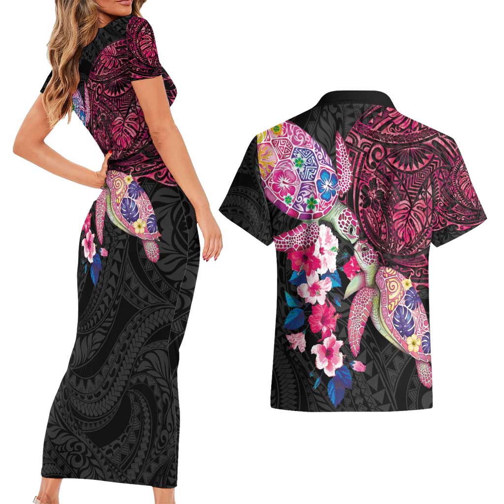 Hawaiian Couple Turtles Honi Couples Matching Short Sleeve Bodycon Dress and Hawaiian Shirt Polynesian Art Motifs and Hibiscus Black Red Color - Polynesian Pride