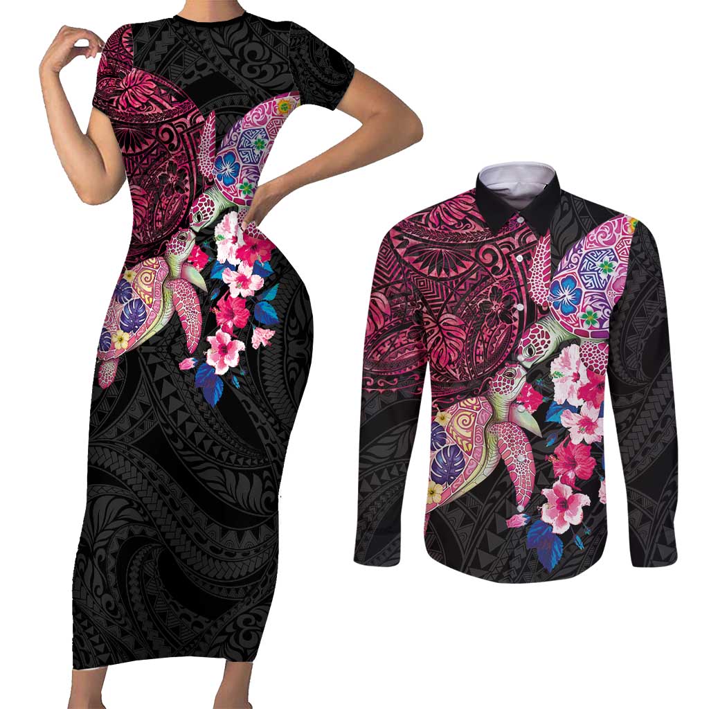 Hawaiian Couple Turtles Honi Couples Matching Short Sleeve Bodycon Dress and Long Sleeve Button Shirt Polynesian Art Motifs and Hibiscus Black Red Color - Polynesian Pride