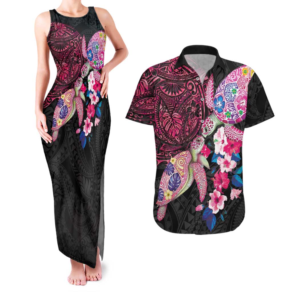 Hawaiian Couple Turtles Honi Couples Matching Tank Maxi Dress and Hawaiian Shirt Polynesian Art Motifs and Hibiscus Black Red Color LT03 Black - Polynesian Pride