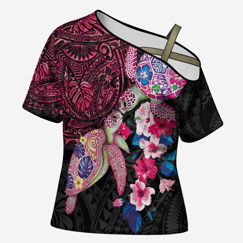 Hawaiian Couple Turtles Honi Cross Shoulder Shirt Polynesian Art Motifs and Hibiscus Black Red Color - Polynesian Pride