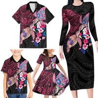 Hawaiian Couple Turtles Honi Family Matching Long Sleeve Bodycon Dress and Hawaiian Shirt Polynesian Art Motifs and Hibiscus Black Red Color - Polynesian Pride