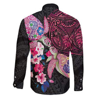 Hawaiian Couple Turtles Honi Family Matching Long Sleeve Bodycon Dress and Hawaiian Shirt Polynesian Art Motifs and Hibiscus Black Red Color - Polynesian Pride