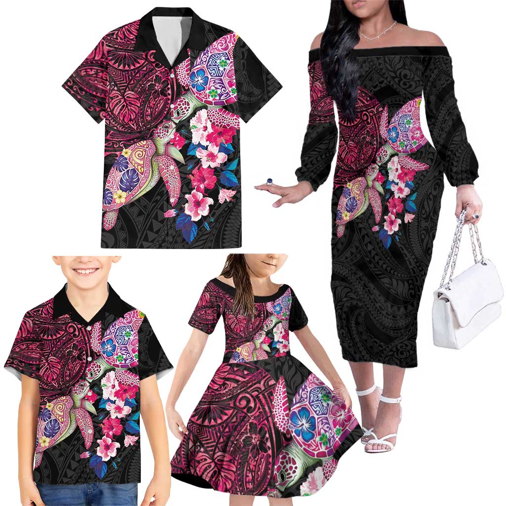 Hawaiian Couple Turtles Honi Family Matching Off The Shoulder Long Sleeve Dress and Hawaiian Shirt Polynesian Art Motifs and Hibiscus Black Red Color LT03 - Polynesian Pride