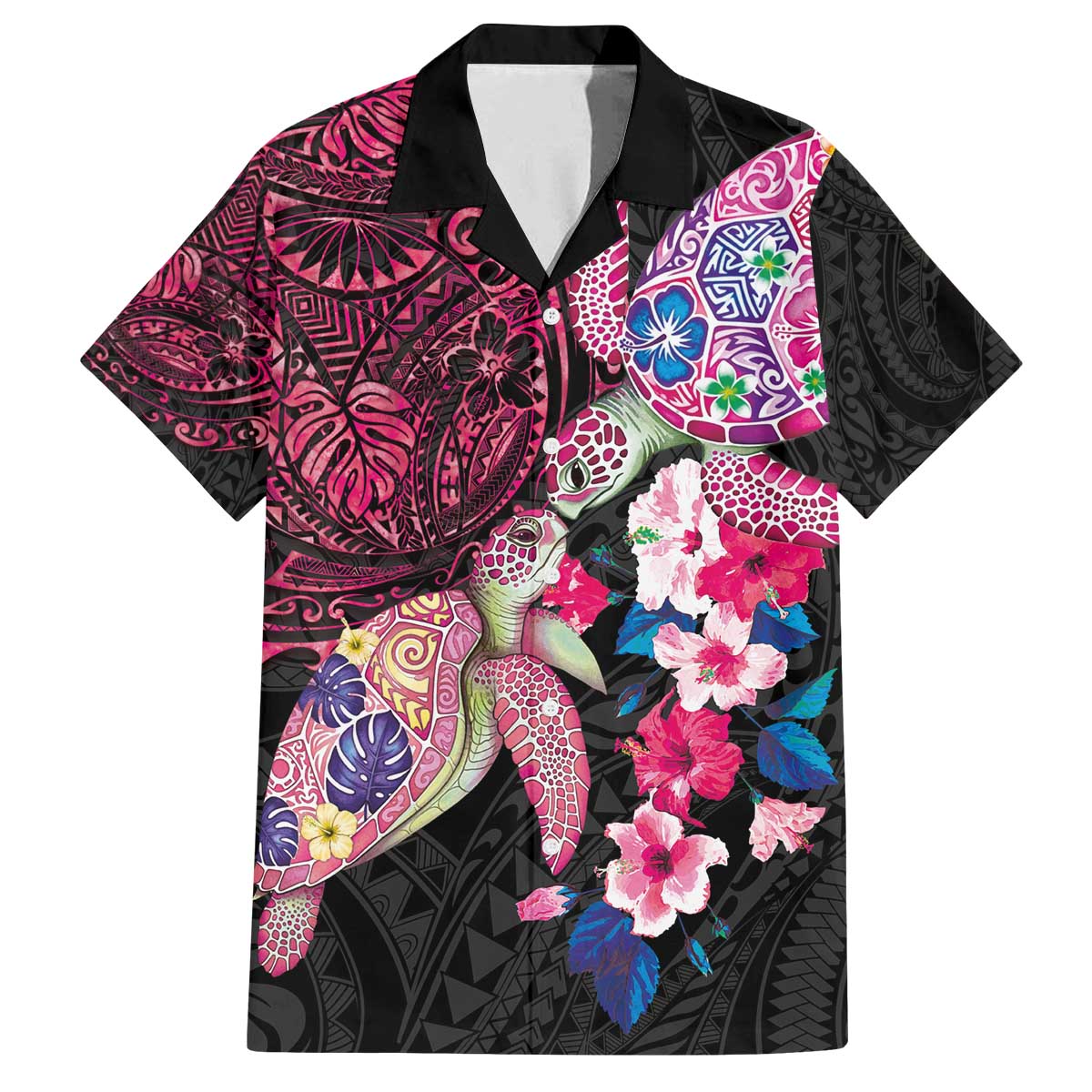 Hawaiian Couple Turtles Honi Family Matching Off The Shoulder Long Sleeve Dress and Hawaiian Shirt Polynesian Art Motifs and Hibiscus Black Red Color - Polynesian Pride