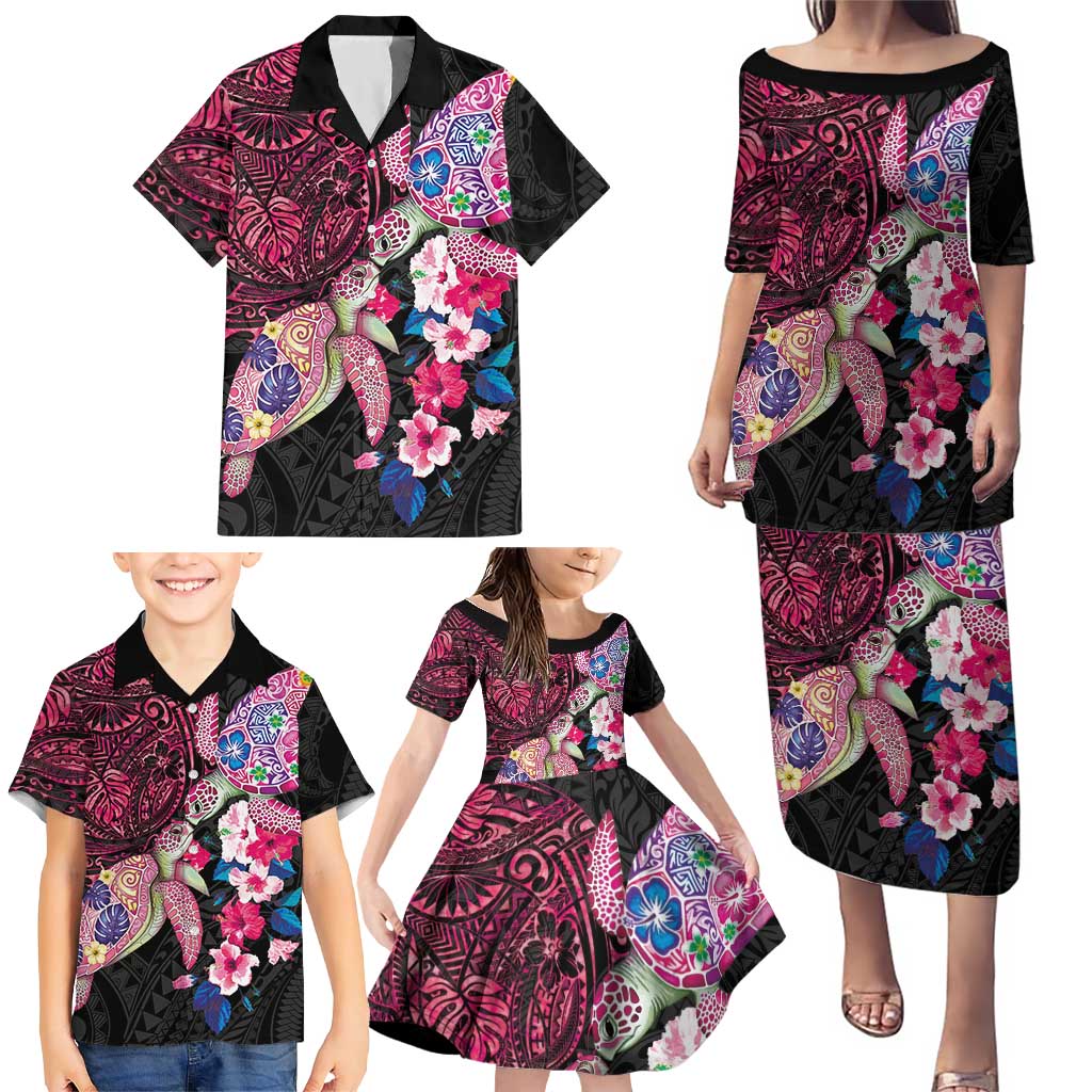 Hawaiian Couple Turtles Honi Family Matching Puletasi and Hawaiian Shirt Polynesian Art Motifs and Hibiscus Black Red Color LT03 - Polynesian Pride