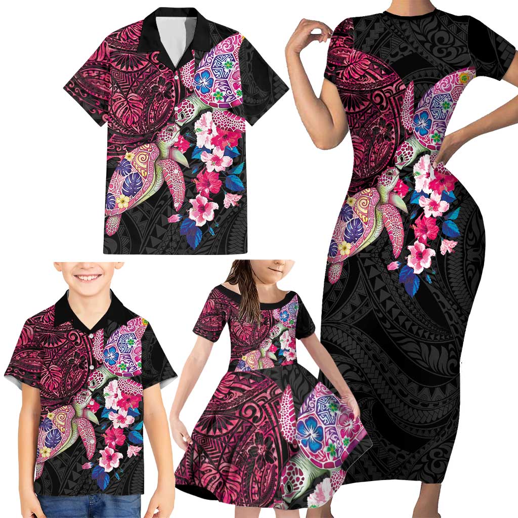 Hawaiian Couple Turtles Honi Family Matching Short Sleeve Bodycon Dress and Hawaiian Shirt Polynesian Art Motifs and Hibiscus Black Red Color LT03 - Polynesian Pride
