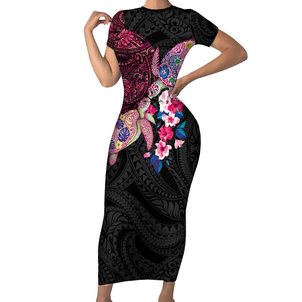 Hawaiian Couple Turtles Honi Family Matching Short Sleeve Bodycon Dress and Hawaiian Shirt Polynesian Art Motifs and Hibiscus Black Red Color - Polynesian Pride