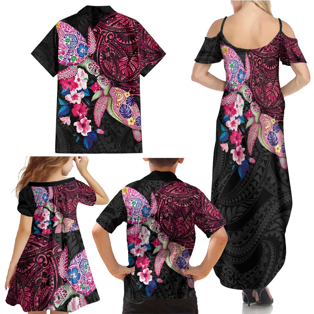 Hawaiian Couple Turtles Honi Family Matching Summer Maxi Dress and Hawaiian Shirt Polynesian Art Motifs and Hibiscus Black Red Color - Polynesian Pride