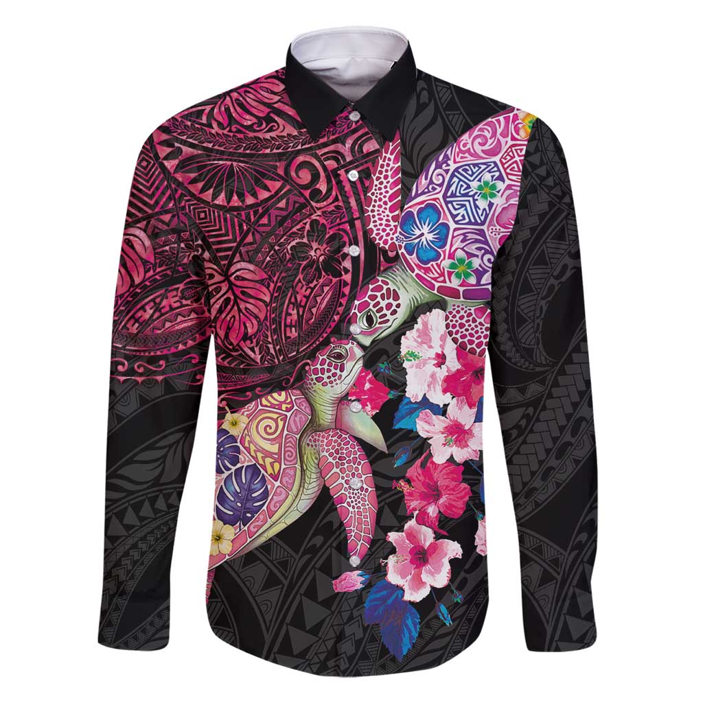 Hawaiian Couple Turtles Honi Family Matching Summer Maxi Dress and Hawaiian Shirt Polynesian Art Motifs and Hibiscus Black Red Color - Polynesian Pride