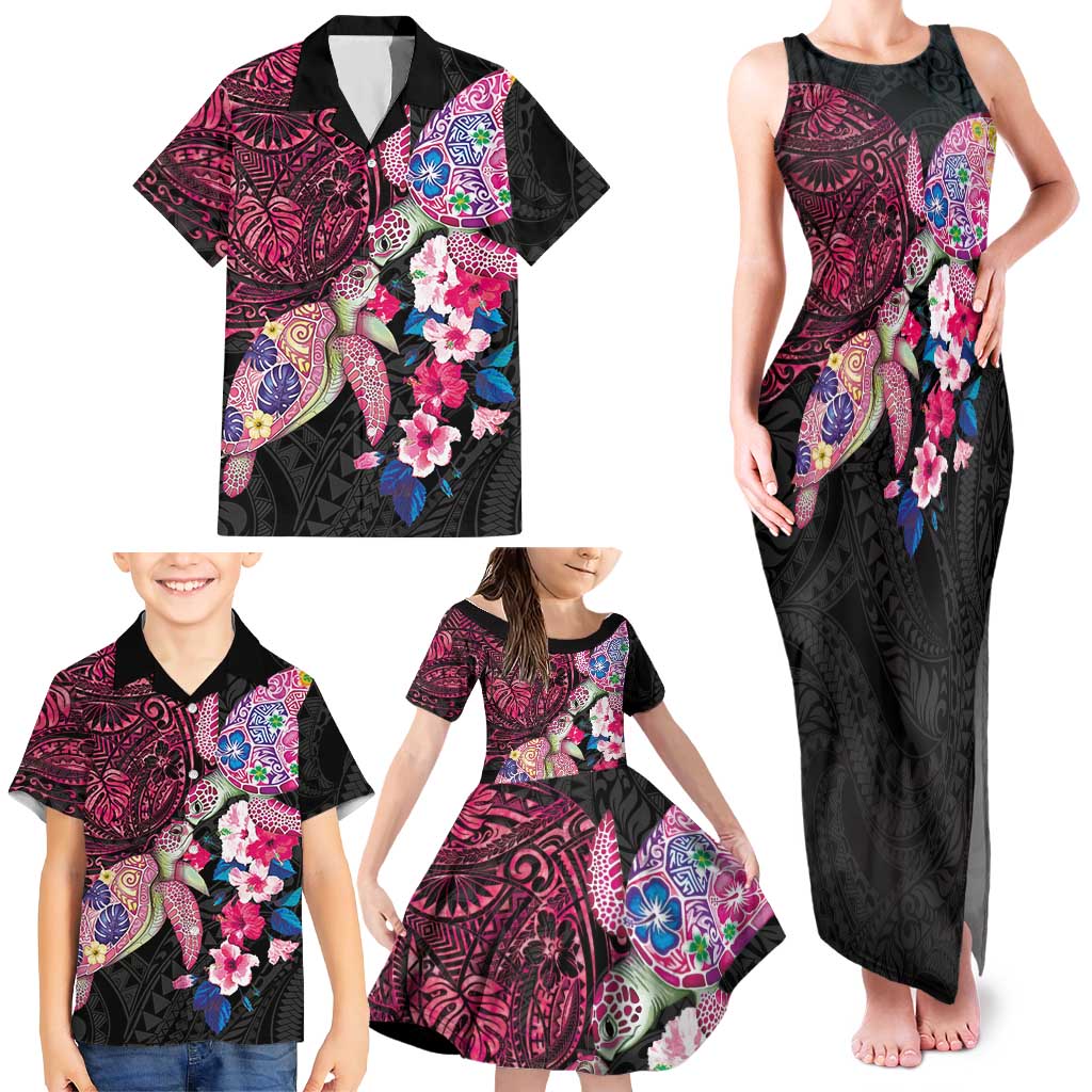 Hawaiian Couple Turtles Honi Family Matching Tank Maxi Dress and Hawaiian Shirt Polynesian Art Motifs and Hibiscus Black Red Color LT03 - Polynesian Pride