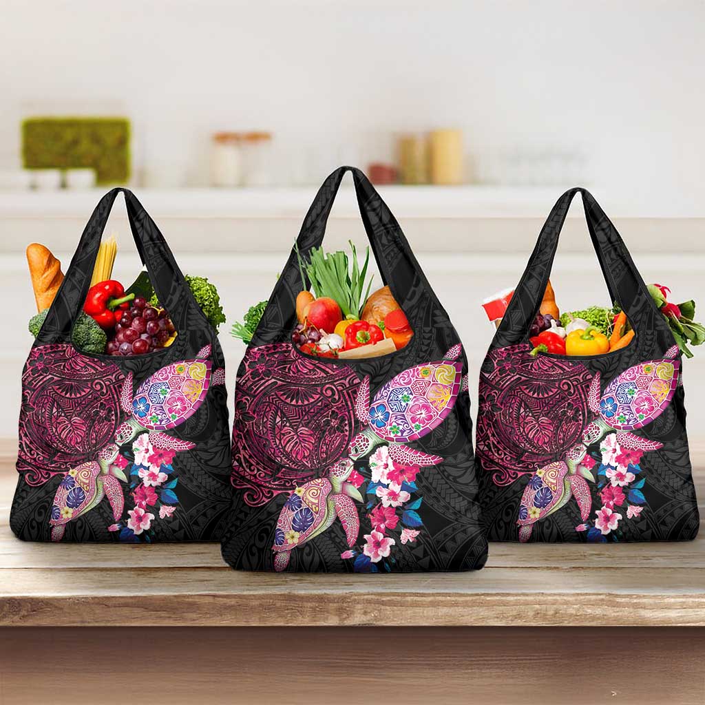 Hawaiian Couple Turtles Honi Grocery Bag Polynesian Art Motifs and Hibiscus Black Red Color - Polynesian Pride
