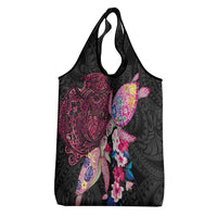 Hawaiian Couple Turtles Honi Grocery Bag Polynesian Art Motifs and Hibiscus Black Red Color - Polynesian Pride