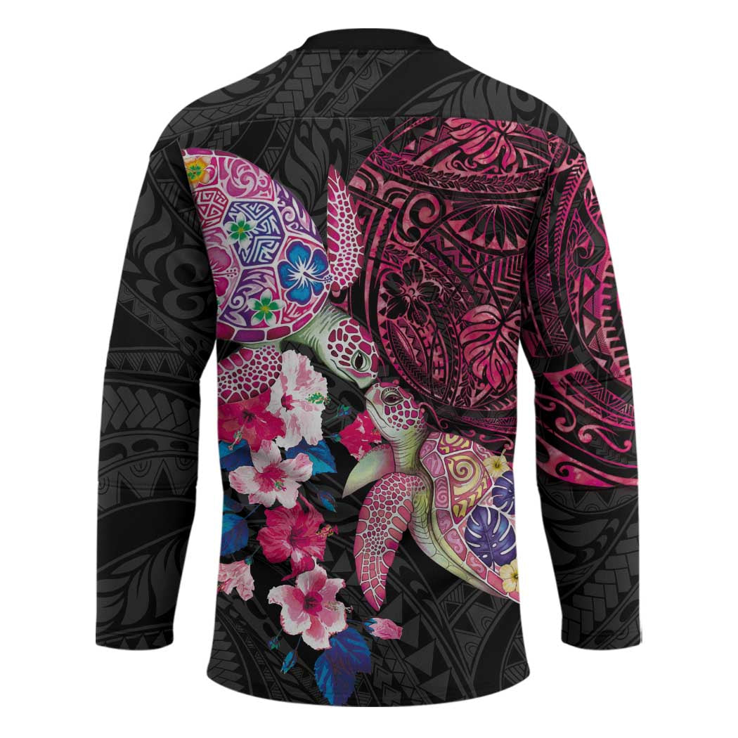 Hawaiian Couple Turtles Honi Hockey Jersey Polynesian Art Motifs and Hibiscus Black Red Color - Polynesian Pride