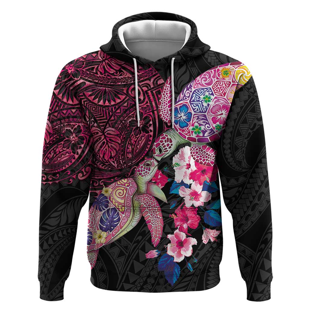 Hawaiian Couple Turtles Honi Hoodie Polynesian Art Motifs and Hibiscus Black Red Color LT03 Pullover Hoodie Black - Polynesian Pride
