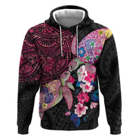 Hawaiian Couple Turtles Honi Hoodie Polynesian Art Motifs and Hibiscus Black Red Color - Polynesian Pride