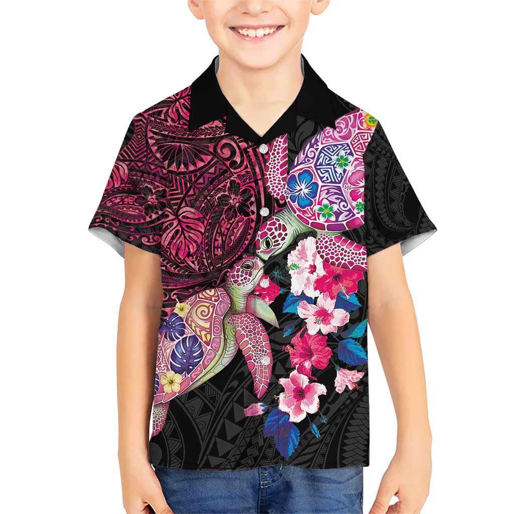 Hawaiian Couple Turtles Honi Kid Hawaiian Shirt Polynesian Art Motifs and Hibiscus Black Red Color - Polynesian Pride