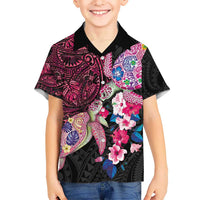 Hawaiian Couple Turtles Honi Kid Hawaiian Shirt Polynesian Art Motifs and Hibiscus Black Red Color - Polynesian Pride