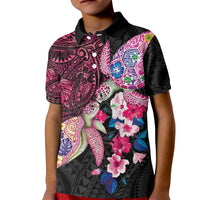 Hawaiian Couple Turtles Honi Kid Polo Shirt Polynesian Art Motifs and Hibiscus Black Red Color - Polynesian Pride