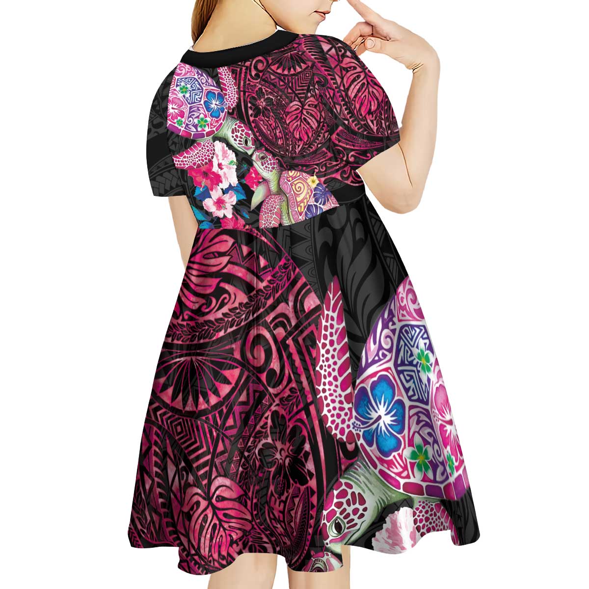 Hawaiian Couple Turtles Honi Kid Short Sleeve Dress Polynesian Art Motifs and Hibiscus Black Red Color - Polynesian Pride