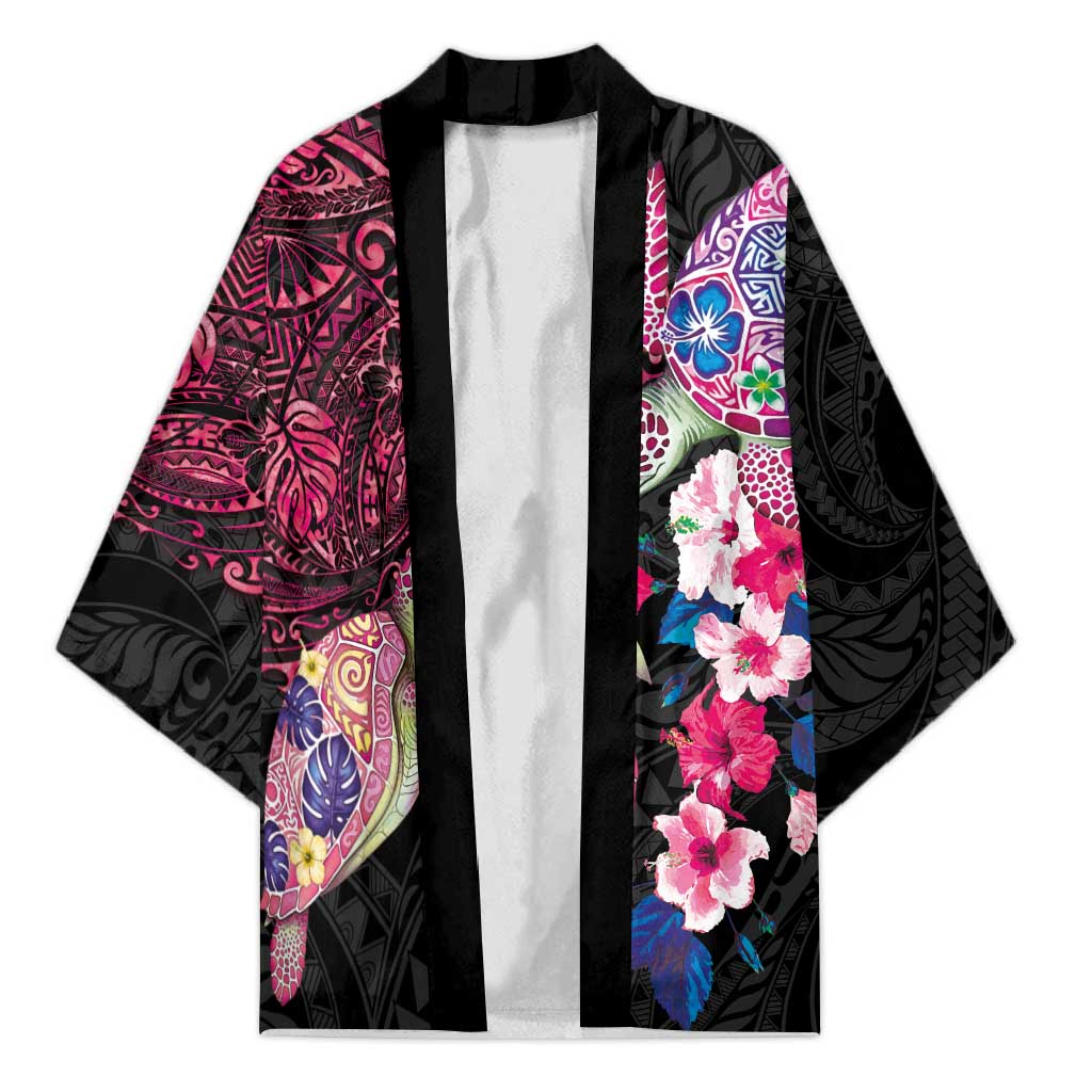 Hawaiian Couple Turtles Honi Kimono Polynesian Art Motifs and Hibiscus Black Red Color - Polynesian Pride