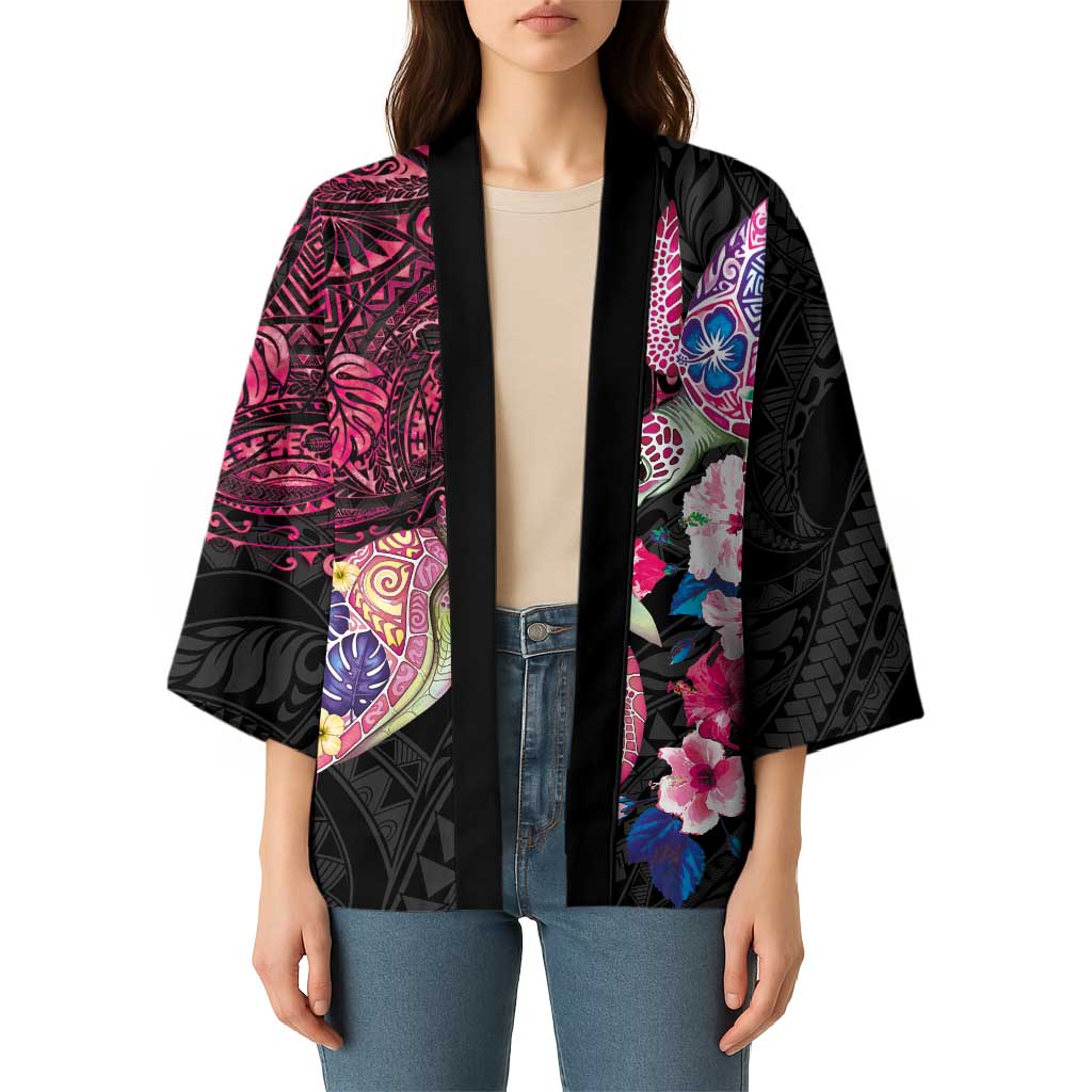 Hawaiian Couple Turtles Honi Kimono Polynesian Art Motifs and Hibiscus Black Red Color - Polynesian Pride